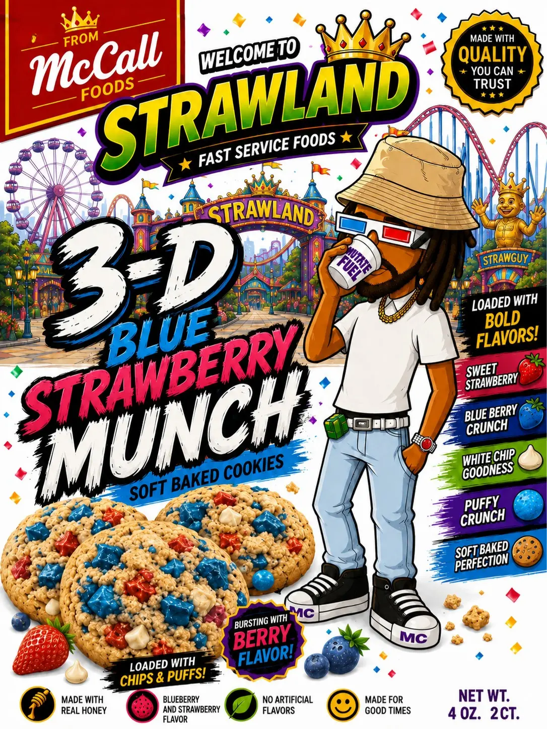 3-D BLUE STRAWBERRY MUNCH cookie package