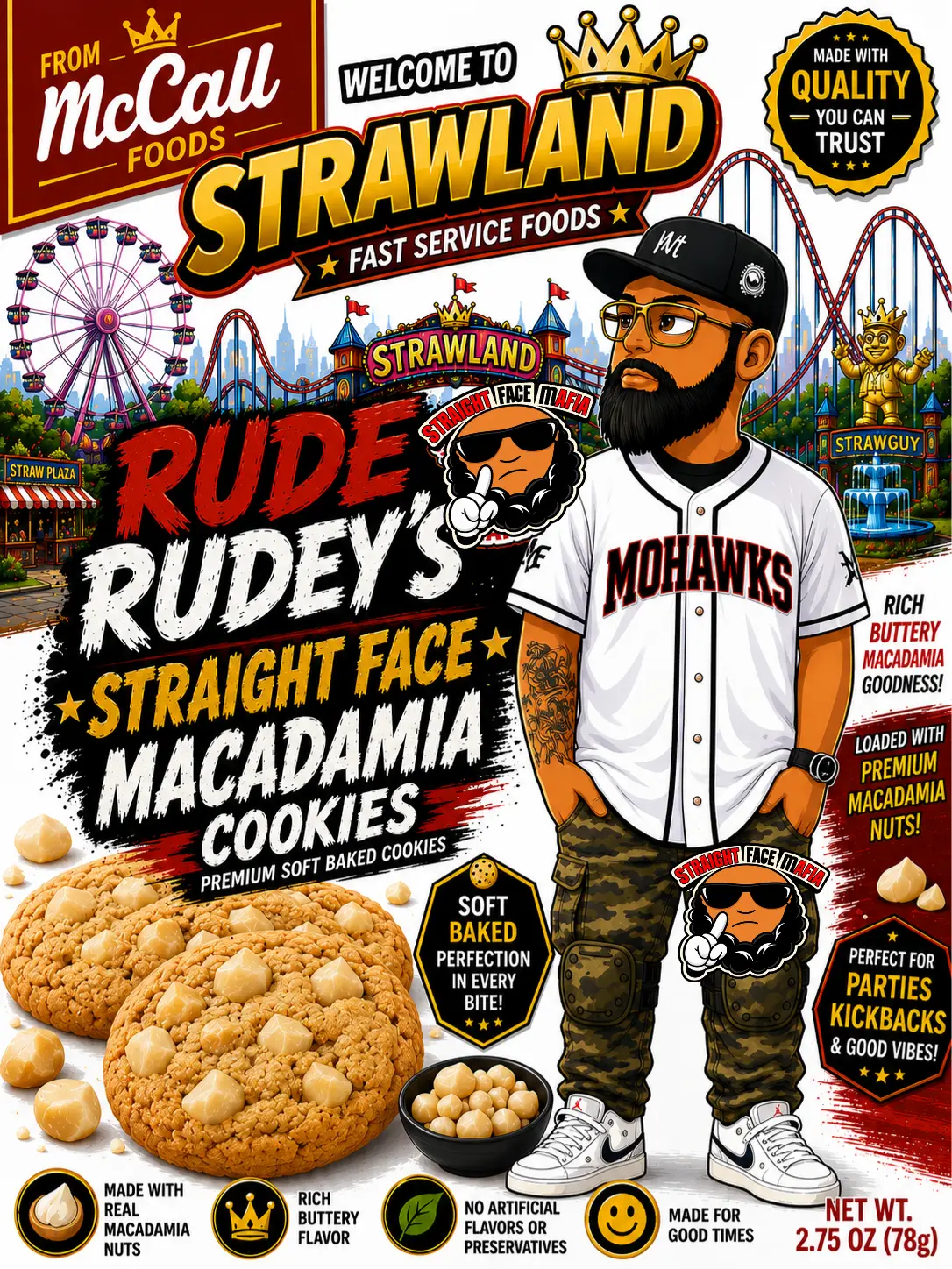 RUDE RUDEY'S STRAIGHT FACE MACADAMIA cookie package
